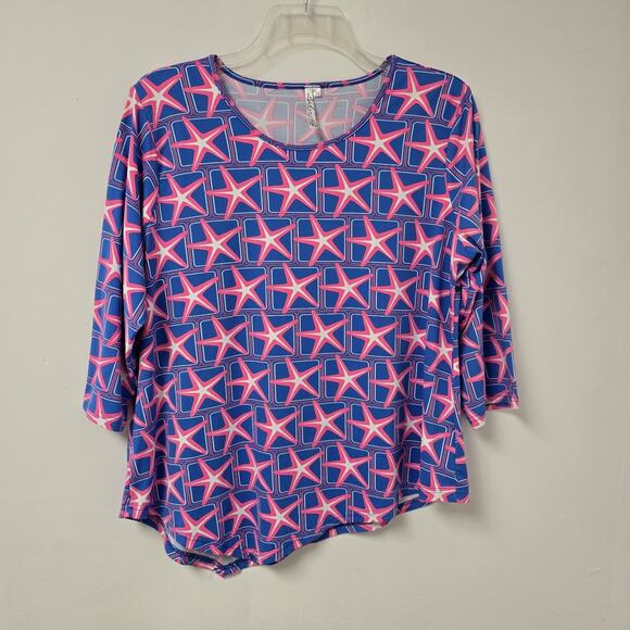 Lulu B Blouse Top XL Star Print Stretch Asymmetrical Hem 3/4 Slv Purple Resort - Picture 1 of 11